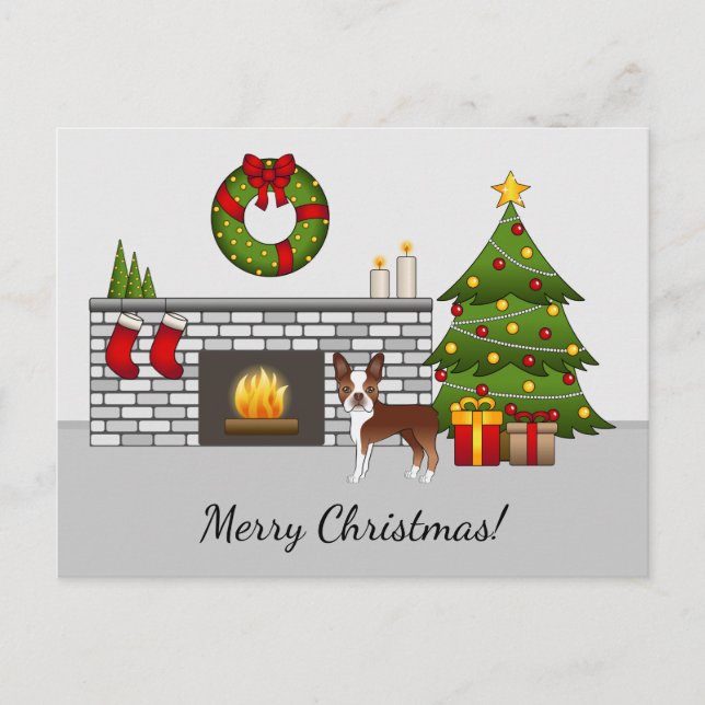 Red Boston Terrier In A Festive Christmas Room Postcard (Front)