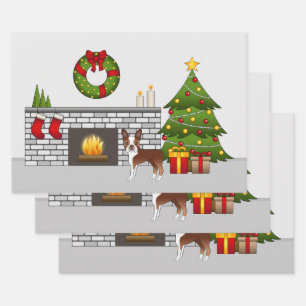Red Boston Terrier In A Festive Christmas Room Wrapping Paper Sheet
