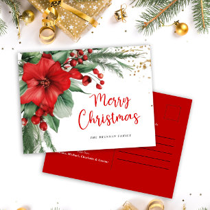 Red Botanical Merry Christmas Holiday Postcard