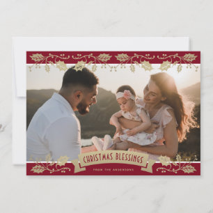 Red Botanical Photo Christmas Blessings Christian Holiday Card