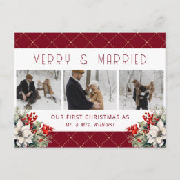 Red Botanical Photo Newlywed Holiday Postcard