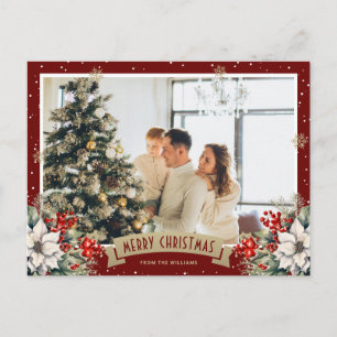 Red Botanical Snowflake Photo Christmas Holiday Postcard