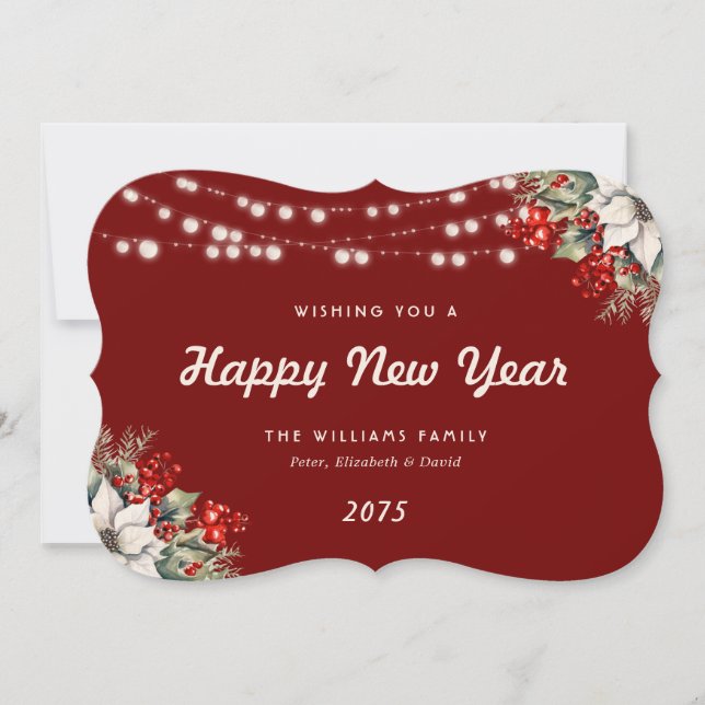 Red Botanical String Lights New Year Card (Front)
