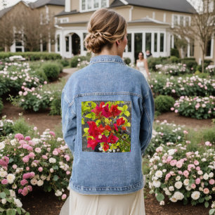 red bougainvillea or paper flower, tropial floral denim jacket