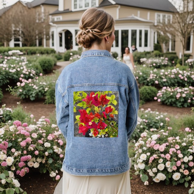 red bougainvillea or paper flower, tropial floral denim jacket (Wedding Back)