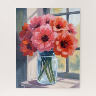 Red Bouquet Flowers Vase Watercolor Painting Jigsaw Puzzle