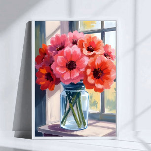 Red Bouquet Flowers Vase Watercolor Painting Poster