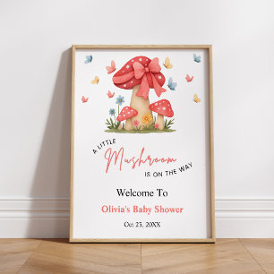 Red Bow A Little Mushroom Baby Shower Welcome Poster