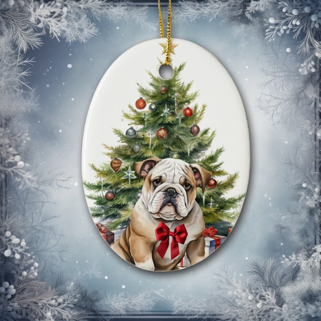 Red Bow Adorable Bulldog Christmas Ceramic Tree Decoration (Creator Uploaded)