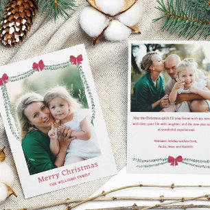 Red Bow-Adorned Garland Merry Christmas Photo Holiday Card
