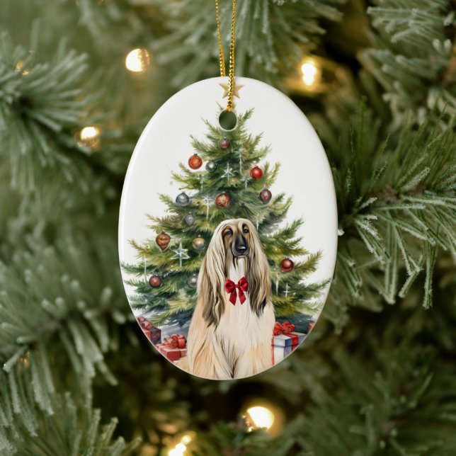 Red Bow Afghan Hound Dog Christmas Ceramic Tree Decoration (Tree)
