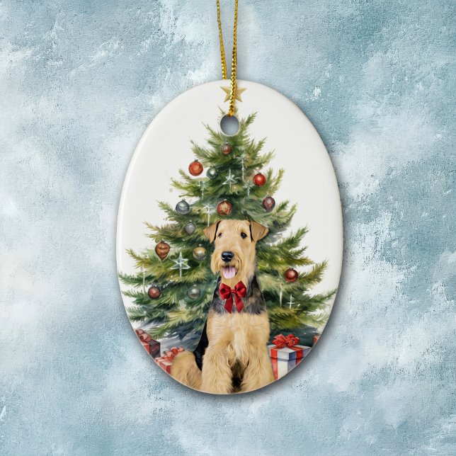 Red Bow Airedale Terrier Dog Christmas Ceramic Tree Decoration (Creator Uploaded)