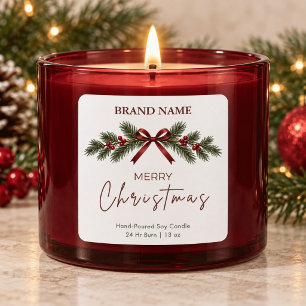 Red Bow and Evergreen Merry Christmas Candle Label