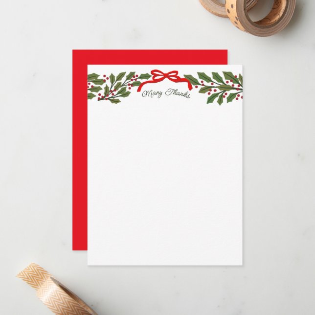Red Bow and Holly Garland Christmas Stationery Card (Front/Back In Situ)