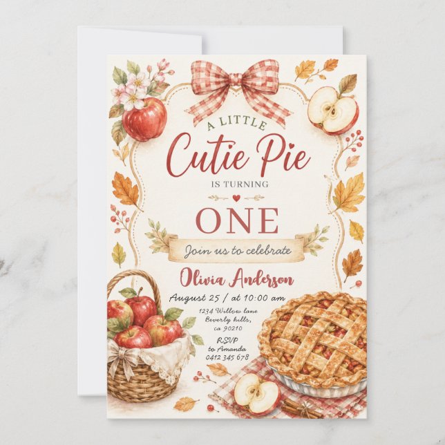 Red Bow Apple Cutie Pie First Birthday  Invitation (Front)