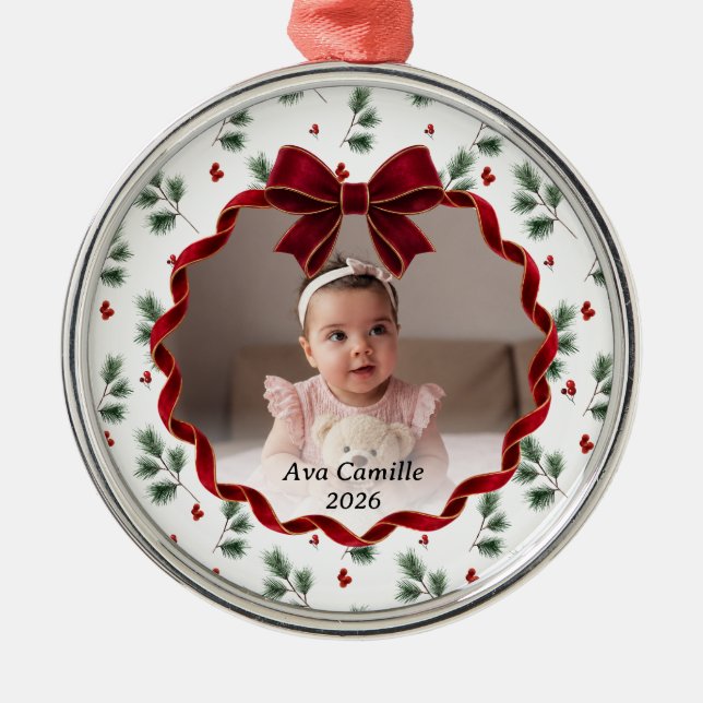 Red Bow Baby Photo Christmas Tree Ornament (Front)