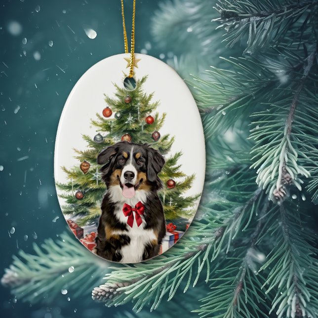Red Bow Bernese Mountain Dog Christmas Ceramic Tree Decoration (Creator Uploaded)