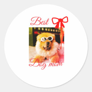 Red bow best dog mum dad photo dog/pet name classic round sticker