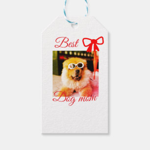 Red bow best dog mum dad photo dog/pet name gift tags