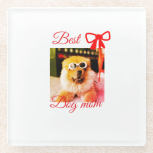 Red bow best dog mum dad photo dog/pet name glass coaster