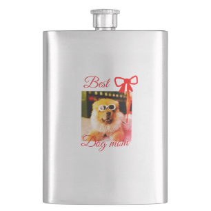 Red bow best dog mum dad photo dog/pet name hip flask