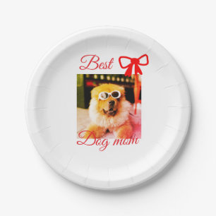 Red bow best dog mum dad photo dog/pet name paper plate