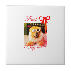 Red bow best dog mum dad photo dog/pet name tile