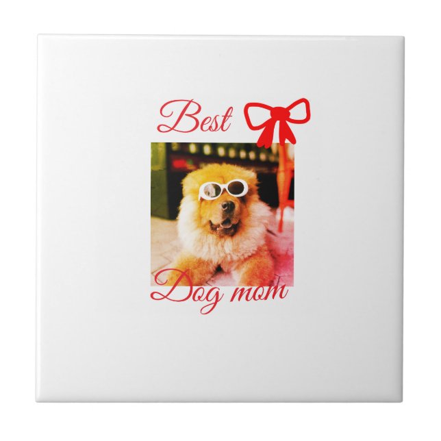 Red bow best dog mum dad photo dog/pet name  tile (Front)