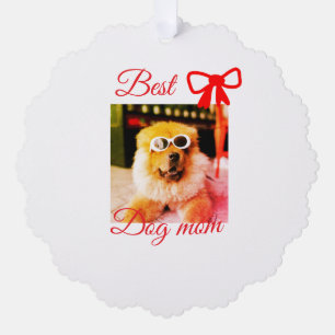 Red bow best dog mum dad photo dog/pet name  tree decoration card