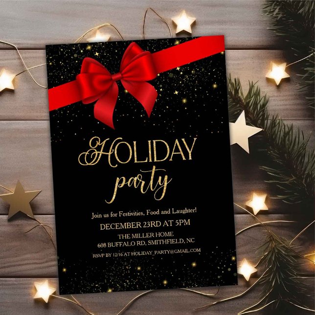 Red Bow Black & Gold Glitter Holiday Invitation (Creator Uploaded)