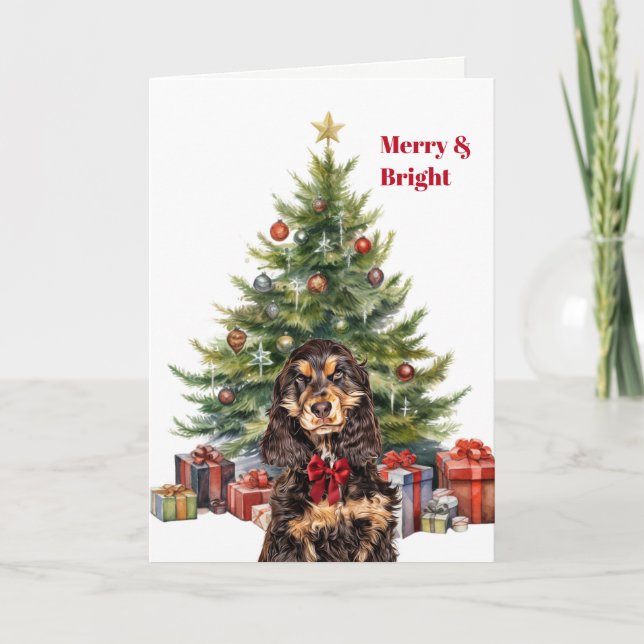 Red Bow Black Tan Cocker Spaniel Christmas Tree Holiday Card (Front)