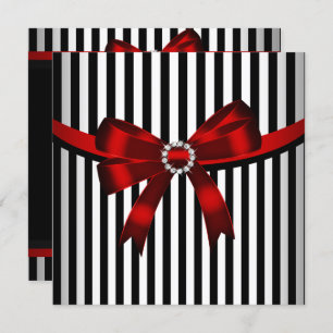 Red Bow Black White Stripe Birthday Party (3) Invitation