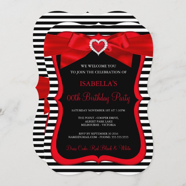 Red Bow Black White Stripe Birthday Party Invitation (Front/Back)