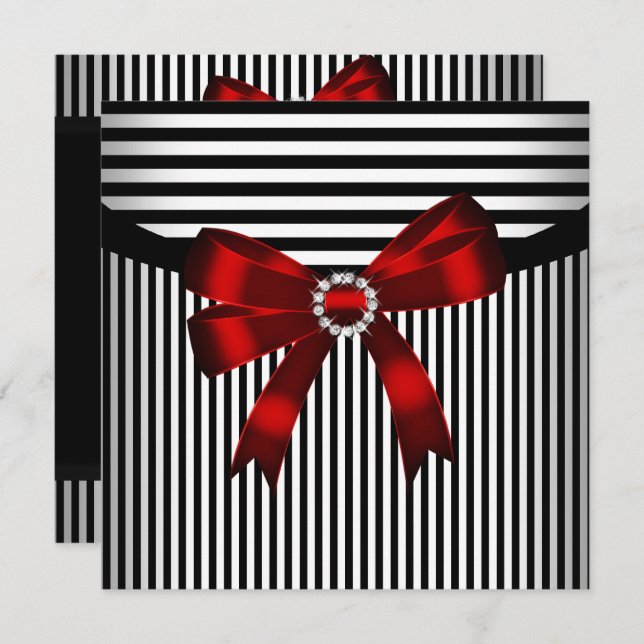 Red Bow Black White Stripe Birthday Party Invitation (Front/Back)