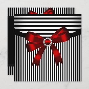 Red Bow Black White Stripe Birthday Party Invitation