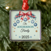 Red Bow Blue Ornaments Family Name 2025 Christmas
