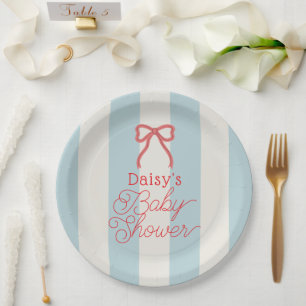 Red Bow & Blue Stripes Baby Shower Paper Plate