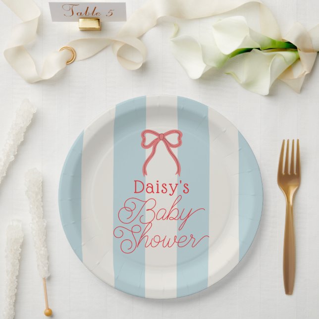 Red Bow & Blue Stripes Baby Shower Paper Plate (Wedding)
