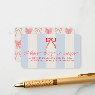 Red Bow Blue Stripes Bridal Shower Recipe Request Enclosure Card