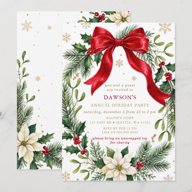 Red Bow Botanical Corporate Christmas Party  Invitation (Front/Back)