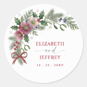 Red Bow Botanical Floral Winter Christmas Wedding Classic Round Sticker