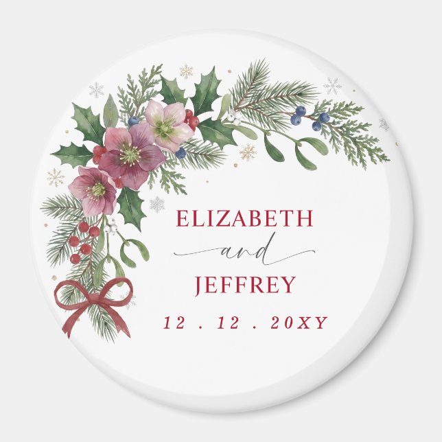 Red Bow Botanical Floral Winter Christmas Wedding Magnet (Front)