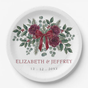 Red Bow Botanical Floral Winter Christmas Wedding Paper Plate