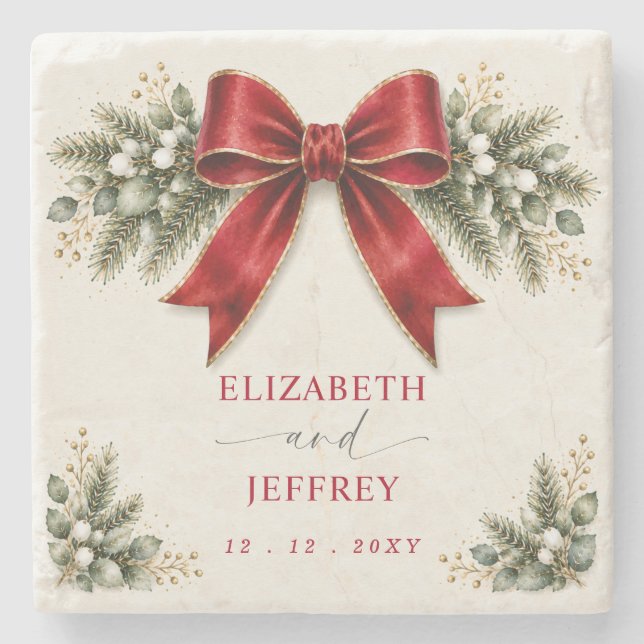 Red Bow Botanical Floral Winter Christmas Wedding Stone Coaster (Front)