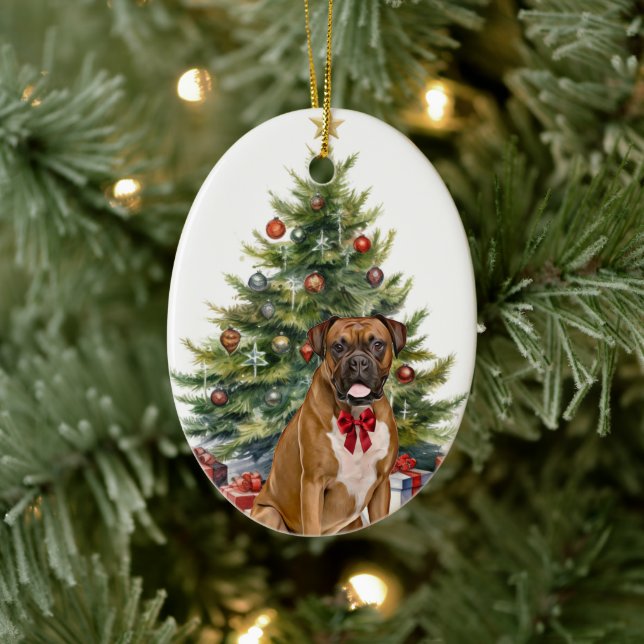 Red Bow Boxer Dog Christmas Ceramic Tree Decoration (Tree)