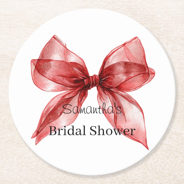 Red Bow Bridal Shower Round Paper Coaster (Front)