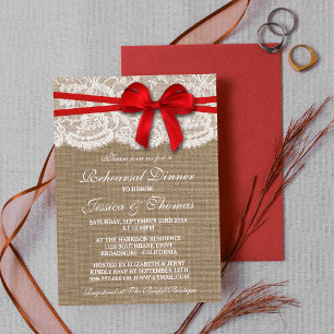 Red Bow Burlap & Lace Wedding Rehearsal Dinner Invitation