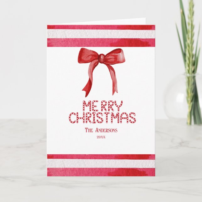 Red Bow Candy Cane Personalised Merry Christmas Holiday Card (Front)
