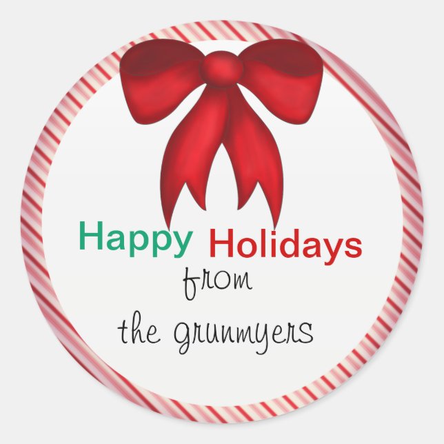 Red Bow Candy Stripe Christmas Round Stickers (Front)
