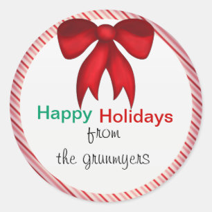 Red Bow Candy Stripe Christmas Round Stickers